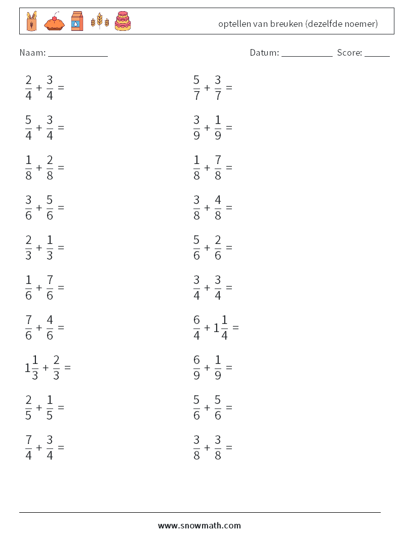 (20) optellen van breuken (dezelfde noemer) Wiskundige werkbladen 8