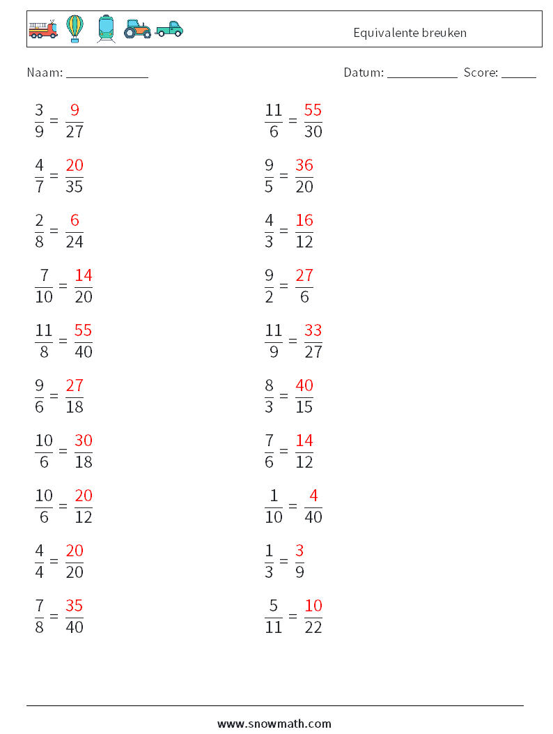 (20) Equivalente breuken Wiskundige werkbladen 2 Vraag, Antwoord