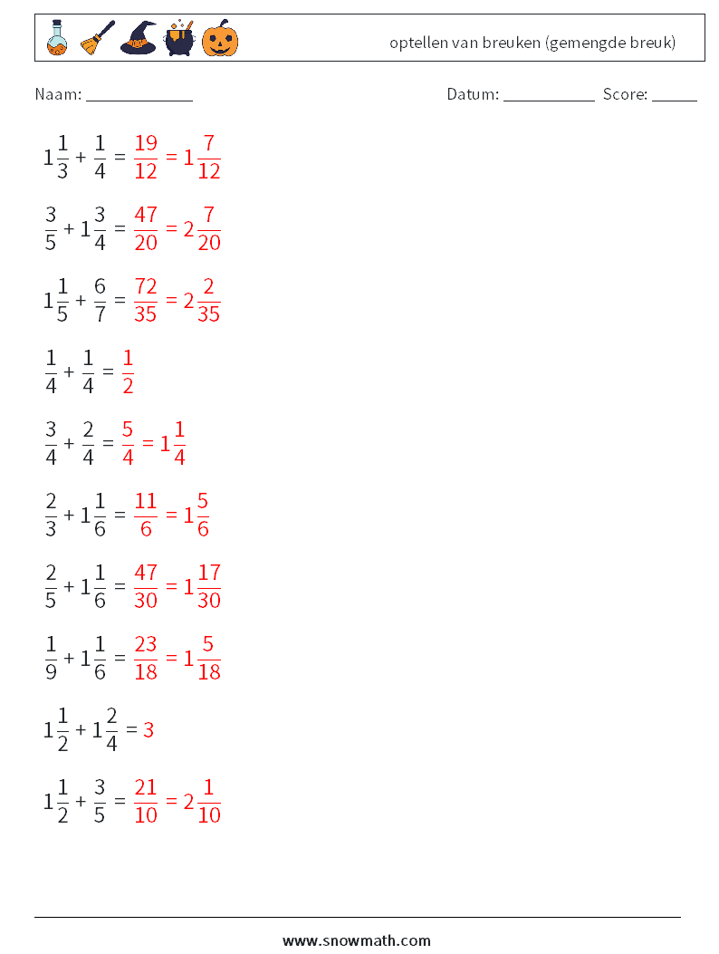 (10) optellen van breuken (gemengde breuk) Wiskundige werkbladen 15 Vraag, Antwoord