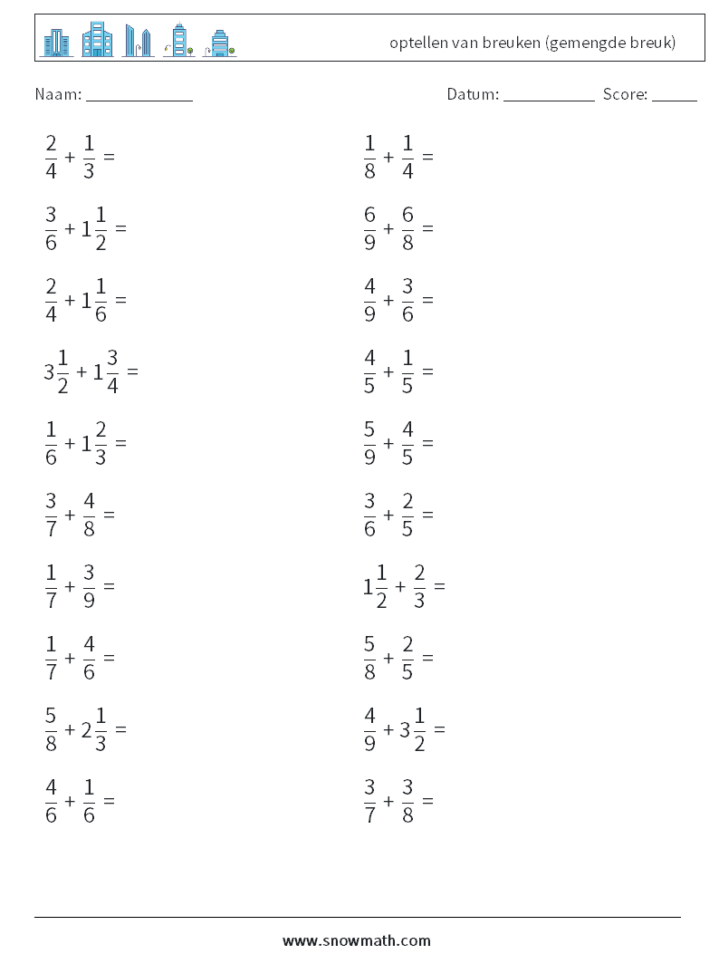 (20) optellen van breuken (gemengde breuk) Wiskundige werkbladen 11