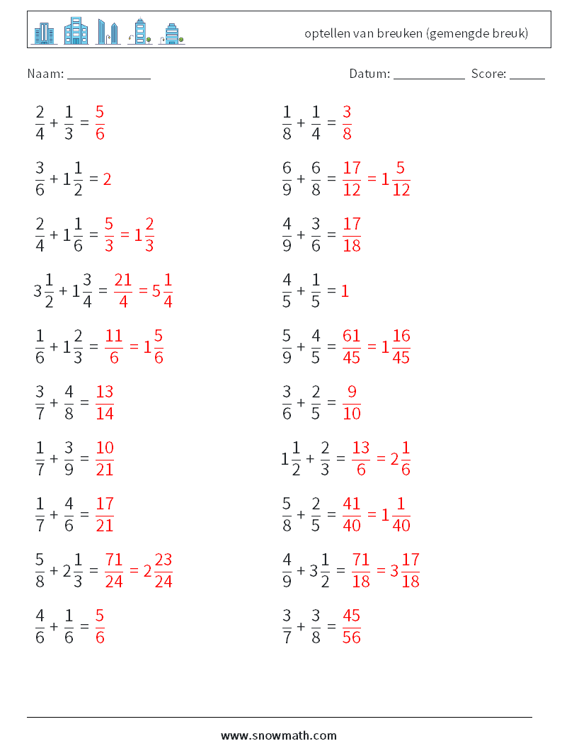 (20) optellen van breuken (gemengde breuk) Wiskundige werkbladen 11 Vraag, Antwoord