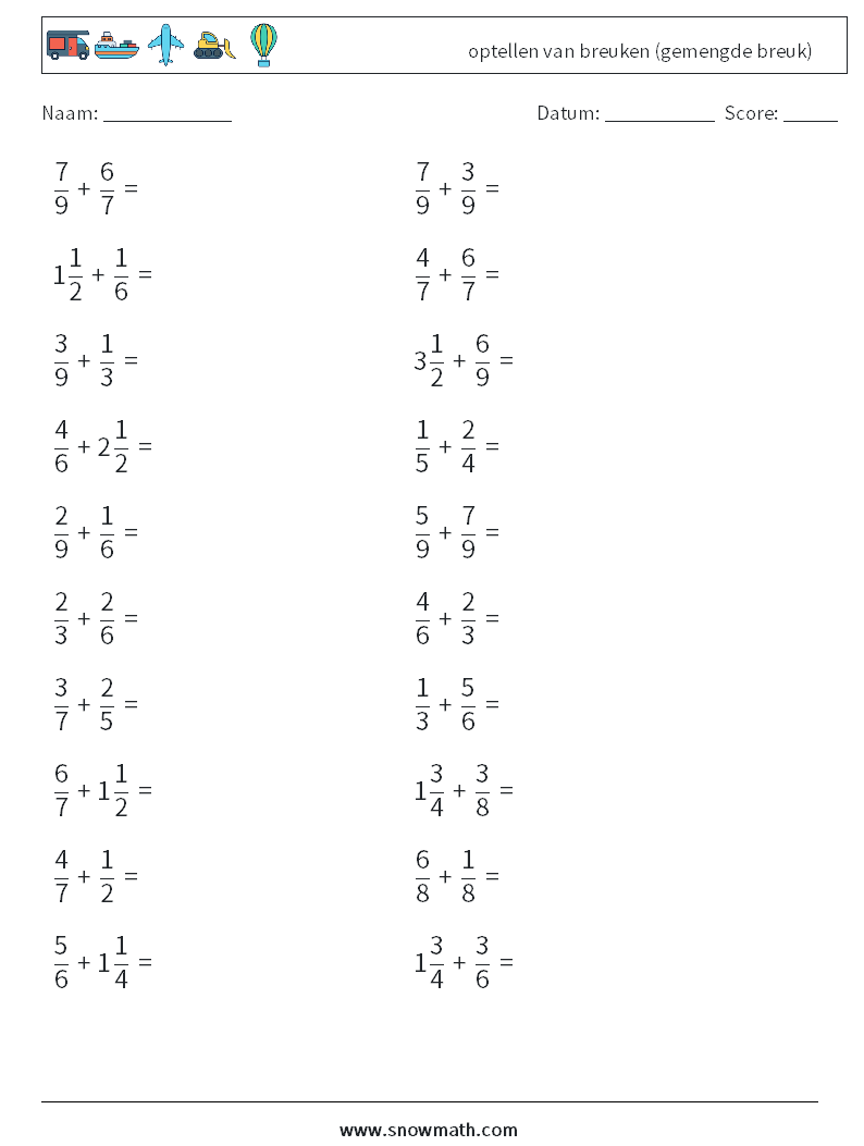 (20) optellen van breuken (gemengde breuk) Wiskundige werkbladen 12