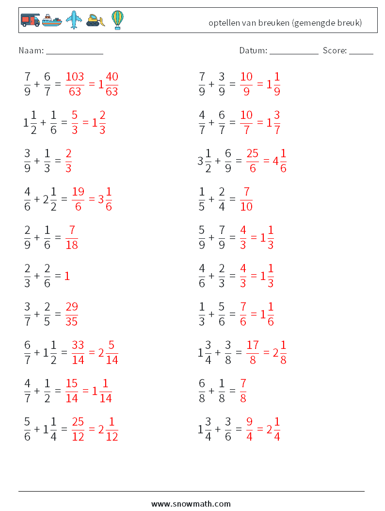 (20) optellen van breuken (gemengde breuk) Wiskundige werkbladen 12 Vraag, Antwoord