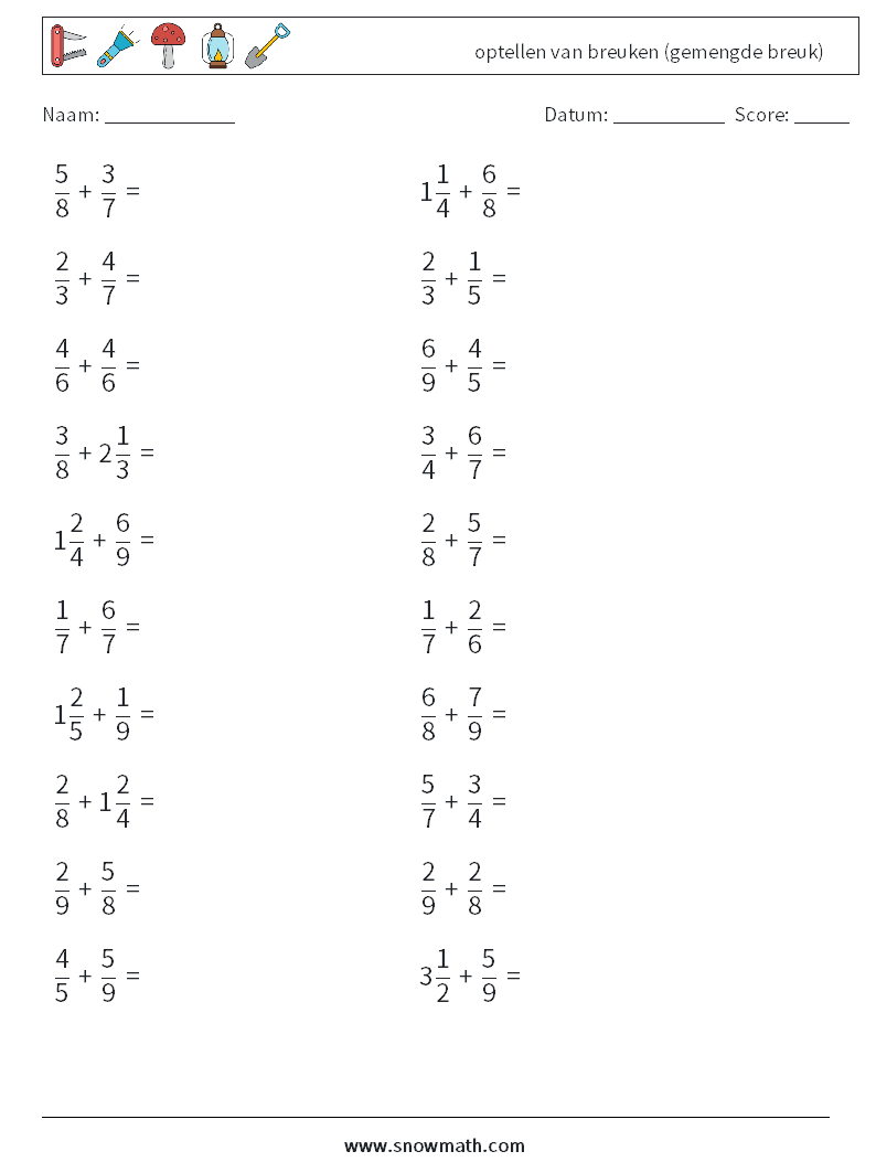 (20) optellen van breuken (gemengde breuk) Wiskundige werkbladen 15