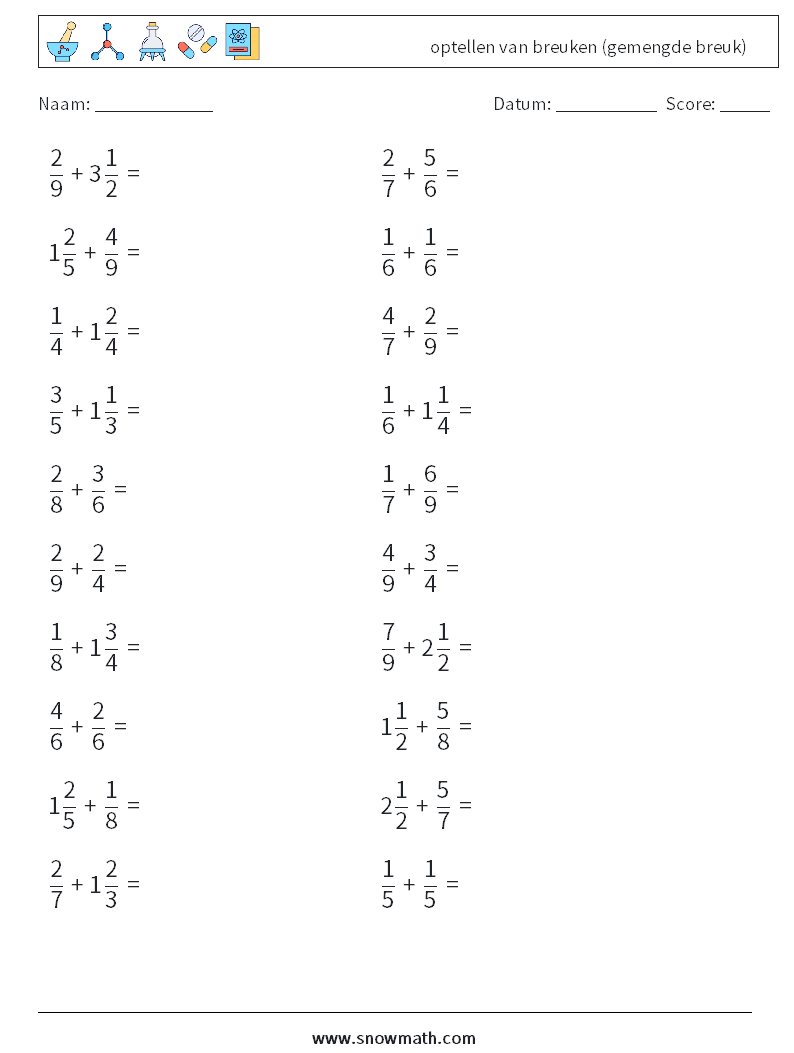 (20) optellen van breuken (gemengde breuk) Wiskundige werkbladen 16