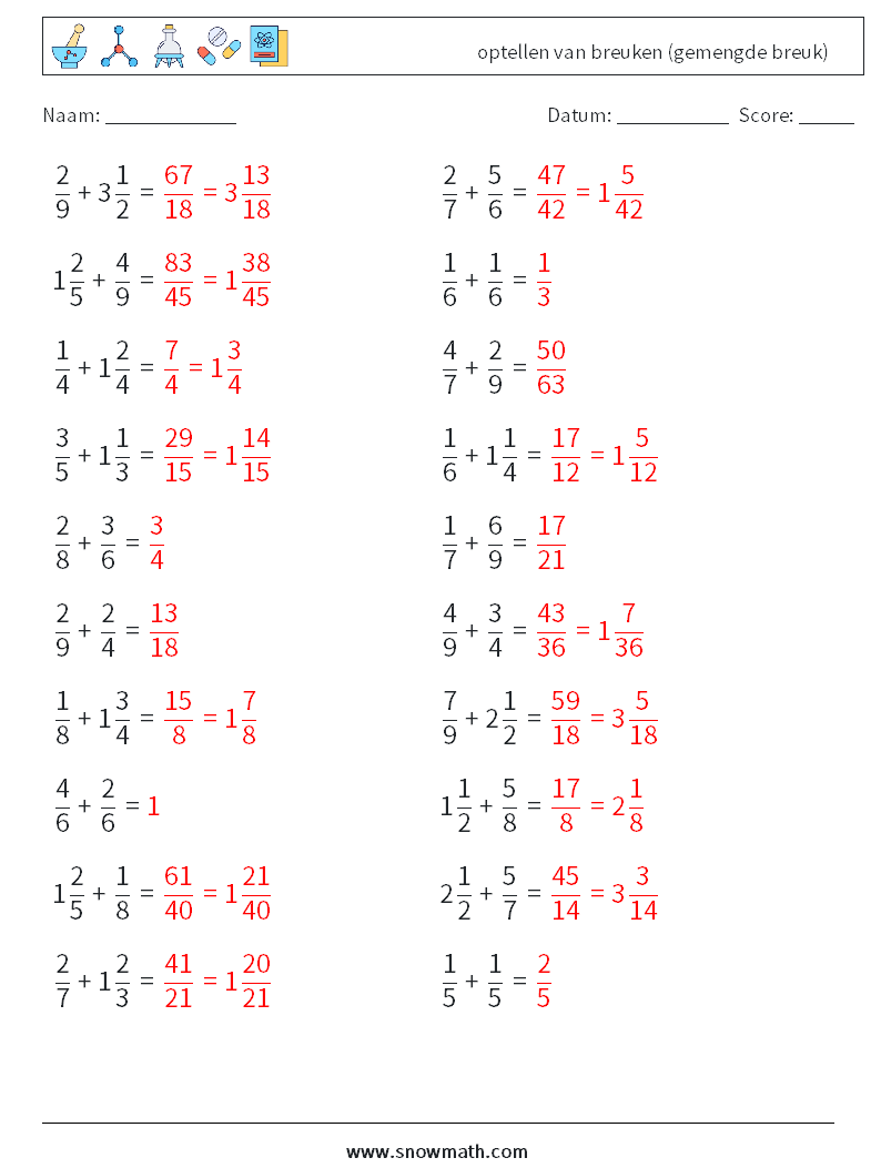 (20) optellen van breuken (gemengde breuk) Wiskundige werkbladen 16 Vraag, Antwoord