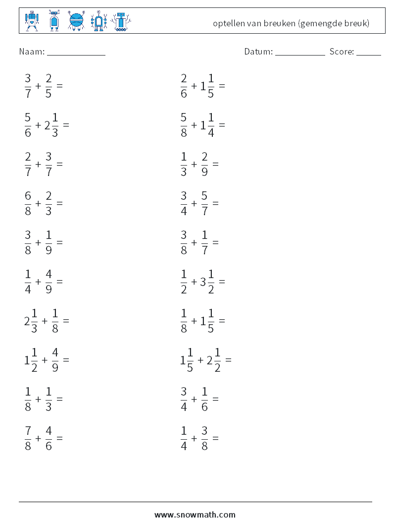(20) optellen van breuken (gemengde breuk) Wiskundige werkbladen 17