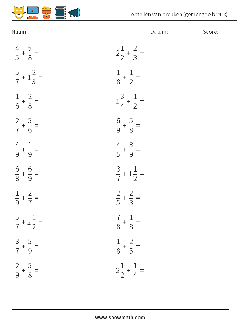 (20) optellen van breuken (gemengde breuk) Wiskundige werkbladen 2