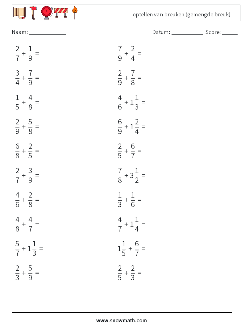 (20) optellen van breuken (gemengde breuk) Wiskundige werkbladen 3