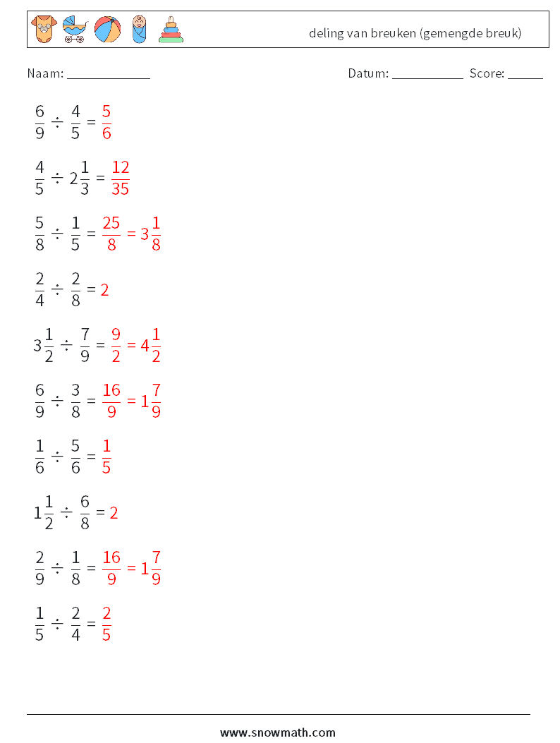 (10) deling van breuken (gemengde breuk) Wiskundige werkbladen 10 Vraag, Antwoord