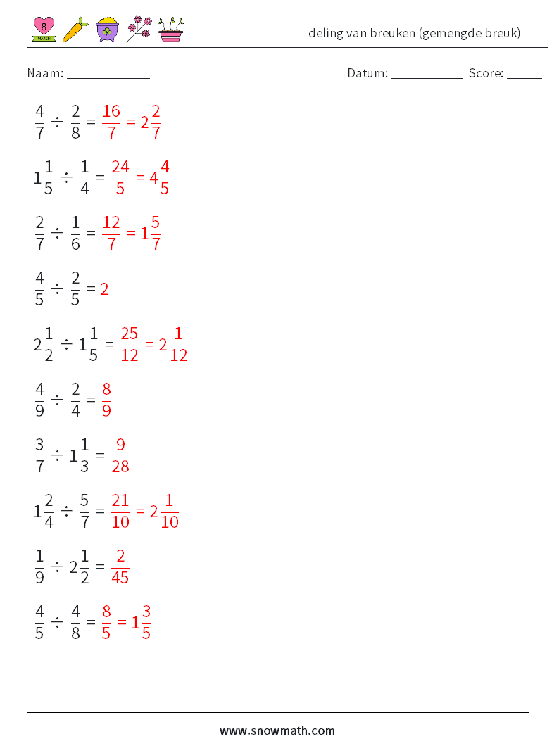 (10) deling van breuken (gemengde breuk) Wiskundige werkbladen 14 Vraag, Antwoord