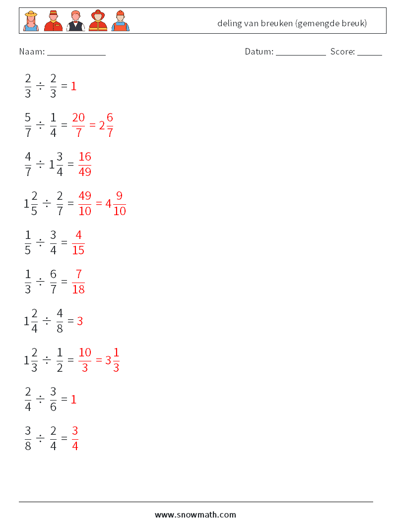 (10) deling van breuken (gemengde breuk) Wiskundige werkbladen 17 Vraag, Antwoord