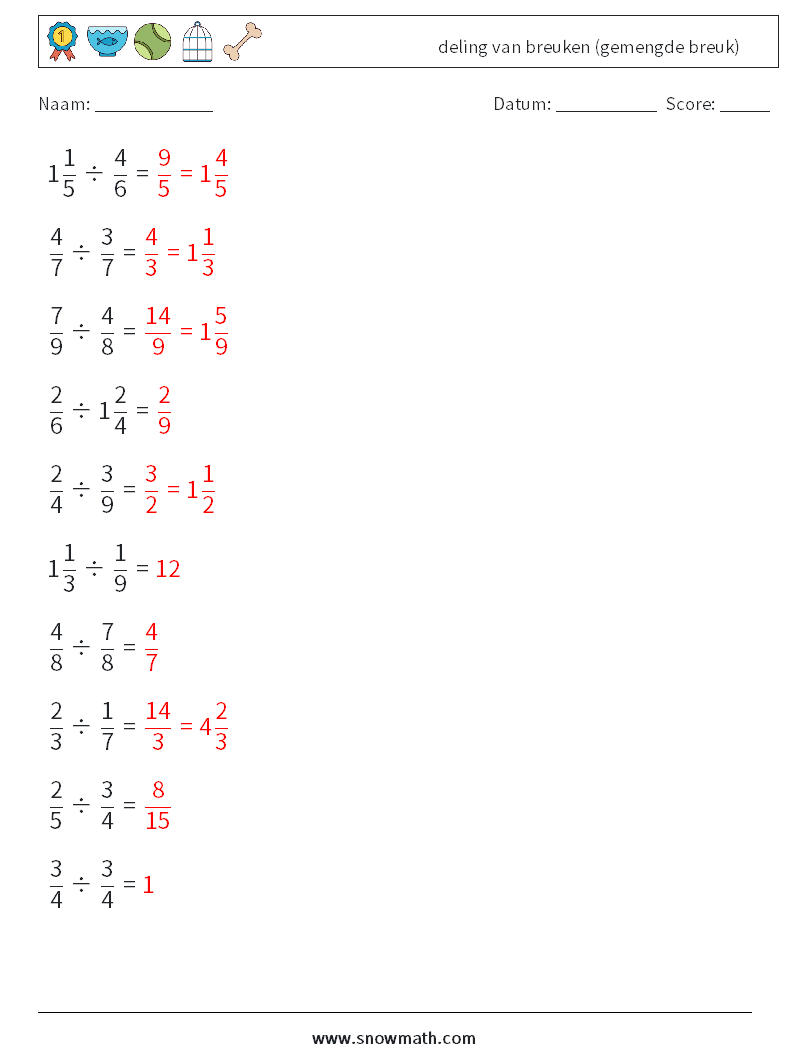 (10) deling van breuken (gemengde breuk) Wiskundige werkbladen 18 Vraag, Antwoord