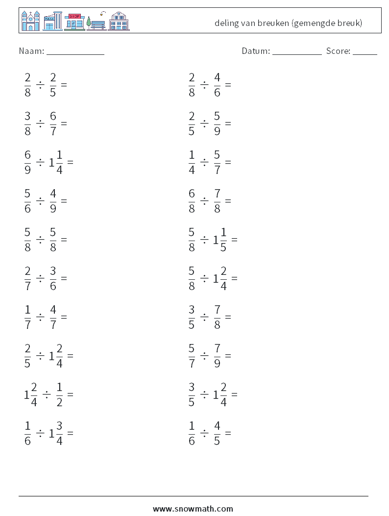 (20) deling van breuken (gemengde breuk) Wiskundige werkbladen 12