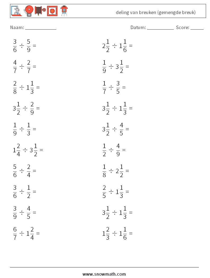 (20) deling van breuken (gemengde breuk) Wiskundige werkbladen 13