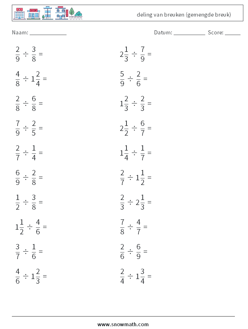 (20) deling van breuken (gemengde breuk) Wiskundige werkbladen 17