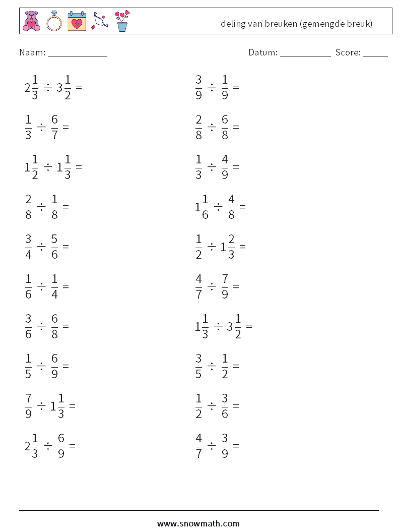(20) deling van breuken (gemengde breuk) Wiskundige werkbladen 3