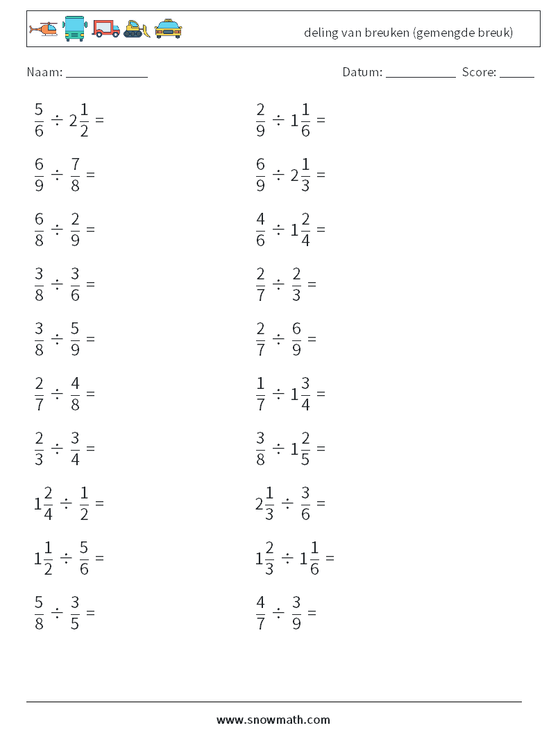 (20) deling van breuken (gemengde breuk) Wiskundige werkbladen 8