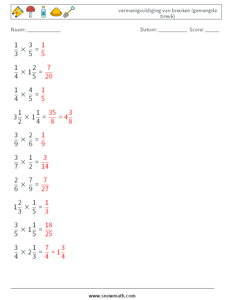 (10) vermenigvuldiging van breuken (gemengde breuk) Wiskundige werkbladen 13 Vraag, Antwoord