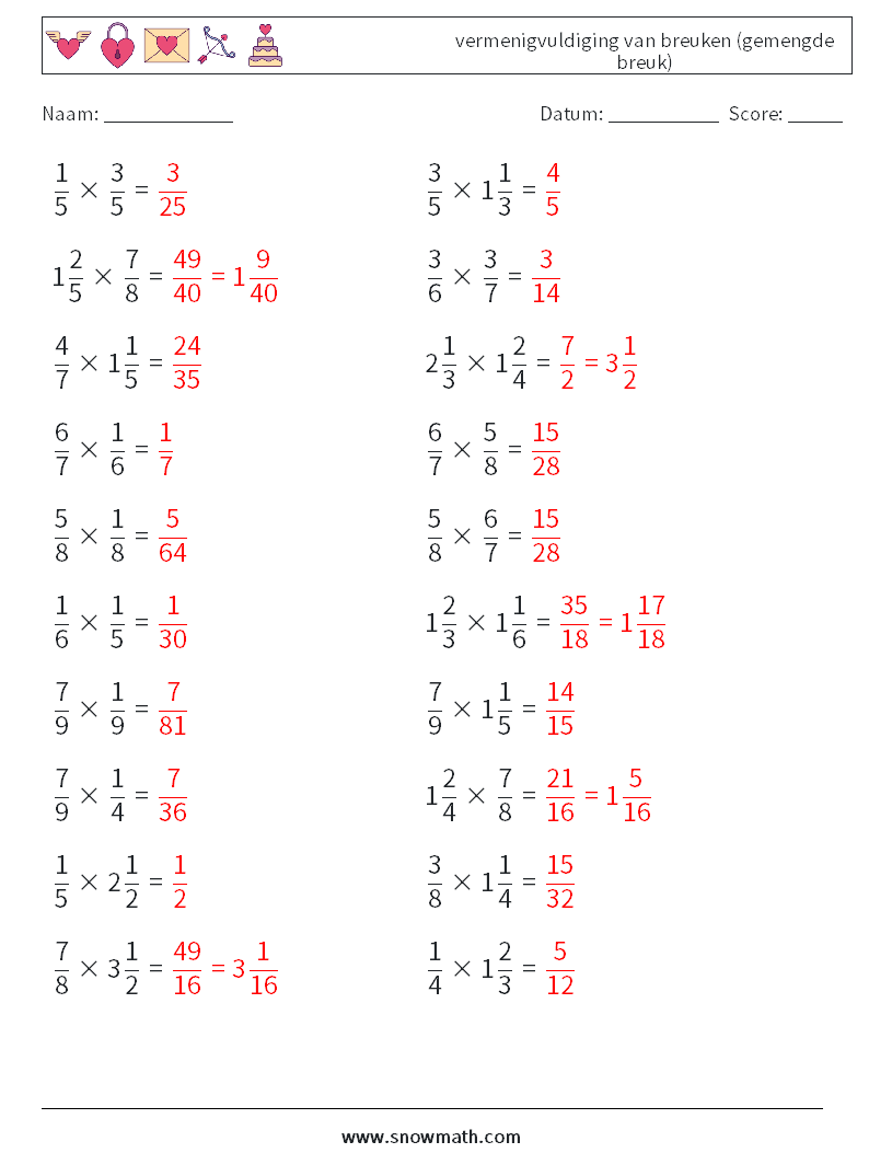 (20) vermenigvuldiging van breuken (gemengde breuk) Wiskundige werkbladen 13 Vraag, Antwoord