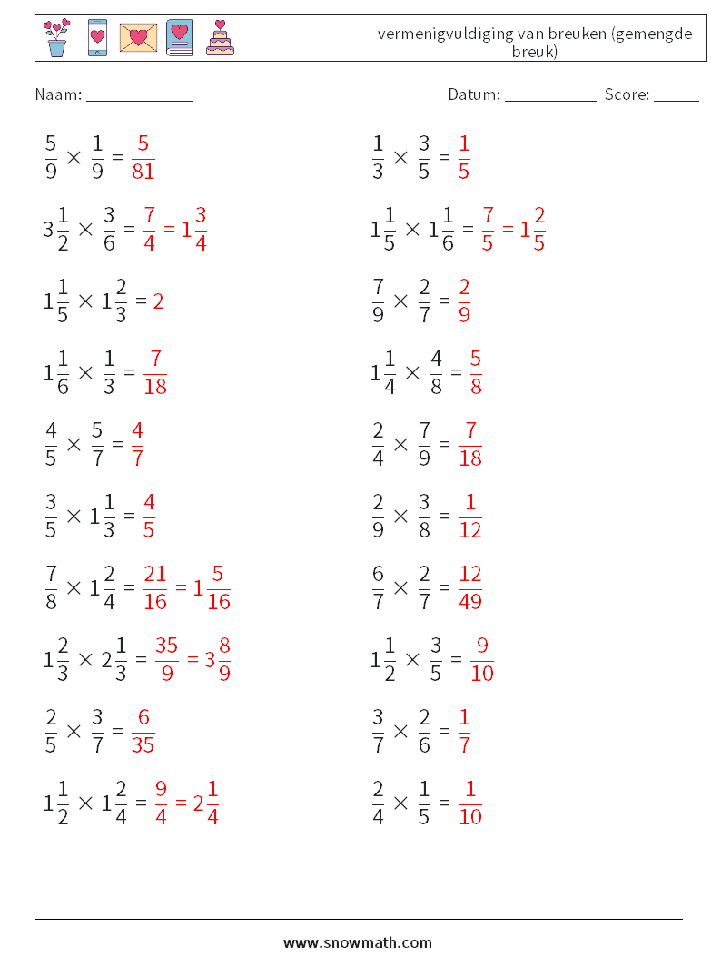 (20) vermenigvuldiging van breuken (gemengde breuk) Wiskundige werkbladen 18 Vraag, Antwoord