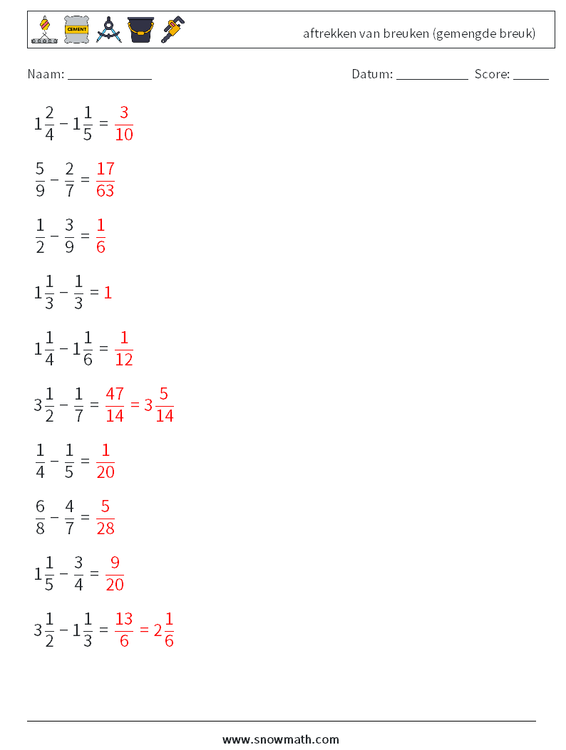 (10) aftrekken van breuken (gemengde breuk) Wiskundige werkbladen 12 Vraag, Antwoord