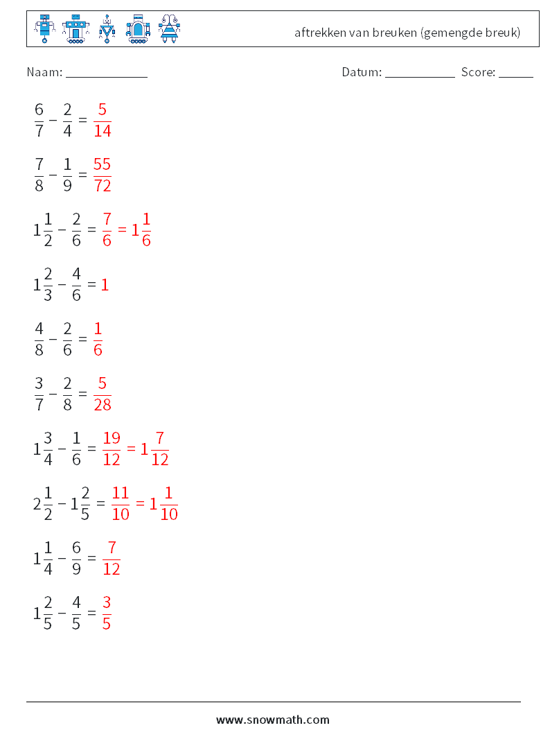 (10) aftrekken van breuken (gemengde breuk) Wiskundige werkbladen 17 Vraag, Antwoord