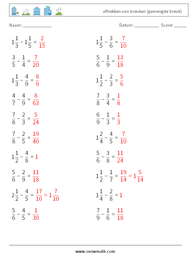 (20) aftrekken van breuken (gemengde breuk) Wiskundige werkbladen 10 Vraag, Antwoord