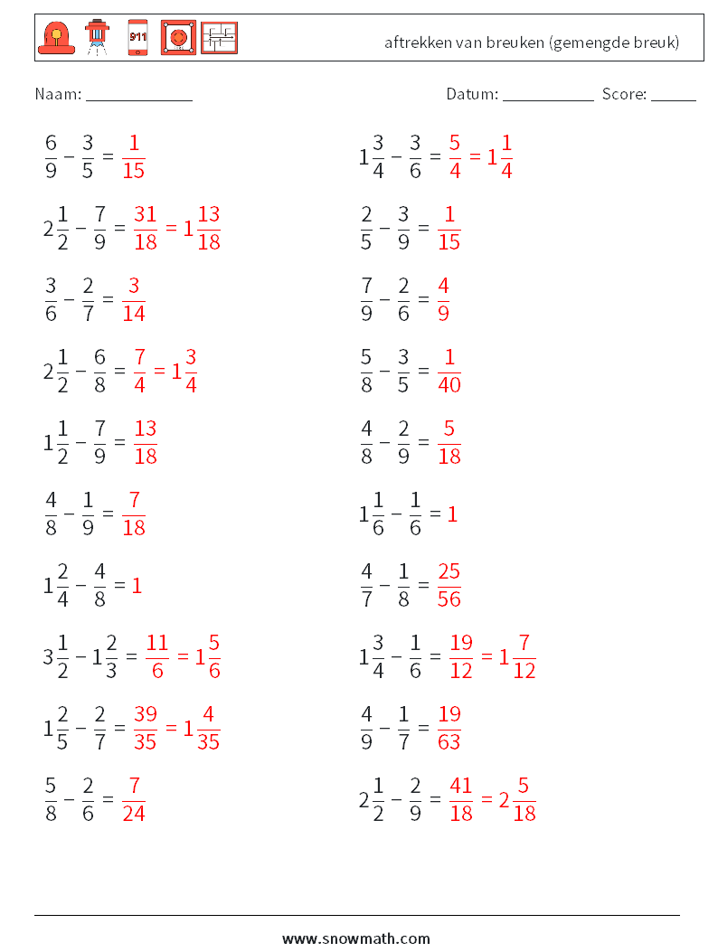 (20) aftrekken van breuken (gemengde breuk) Wiskundige werkbladen 11 Vraag, Antwoord