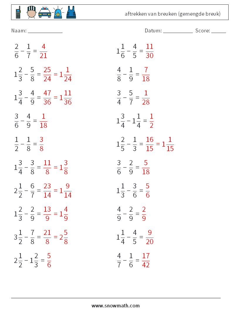 (20) aftrekken van breuken (gemengde breuk) Wiskundige werkbladen 14 Vraag, Antwoord