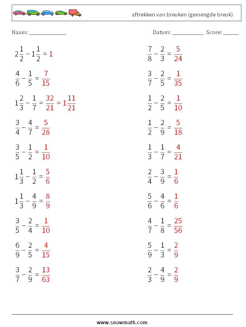 (20) aftrekken van breuken (gemengde breuk) Wiskundige werkbladen 18 Vraag, Antwoord
