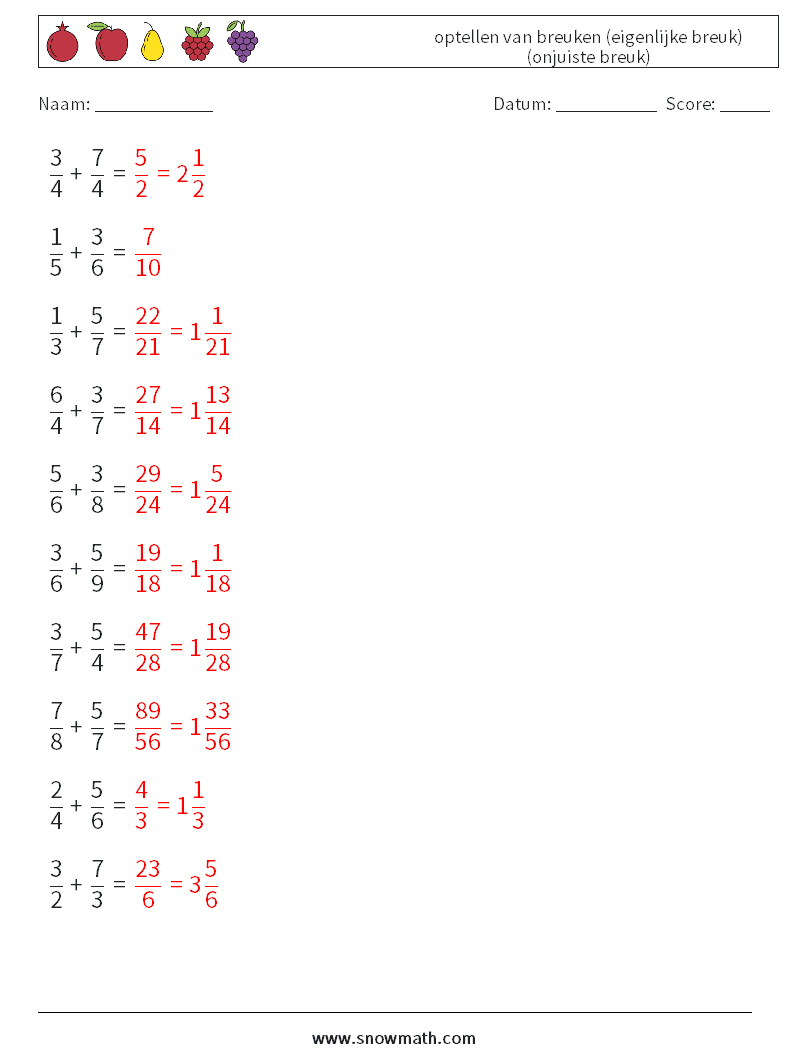 (10) optellen van breuken (eigenlijke breuk) (onjuiste breuk) Wiskundige werkbladen 11 Vraag, Antwoord