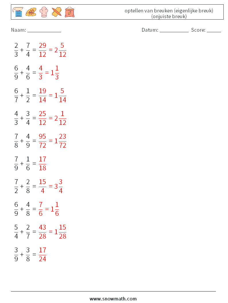 (10) optellen van breuken (eigenlijke breuk) (onjuiste breuk) Wiskundige werkbladen 13 Vraag, Antwoord