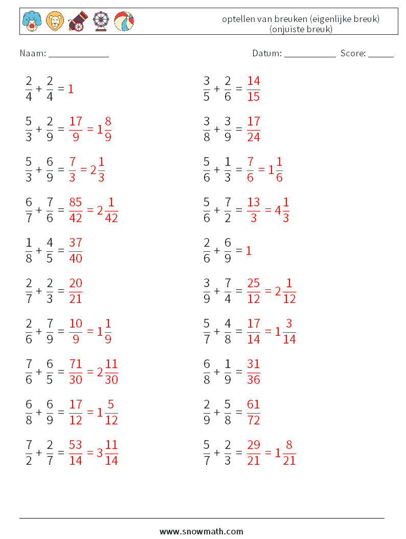 (20) optellen van breuken (eigenlijke breuk) (onjuiste breuk) Wiskundige werkbladen 12 Vraag, Antwoord