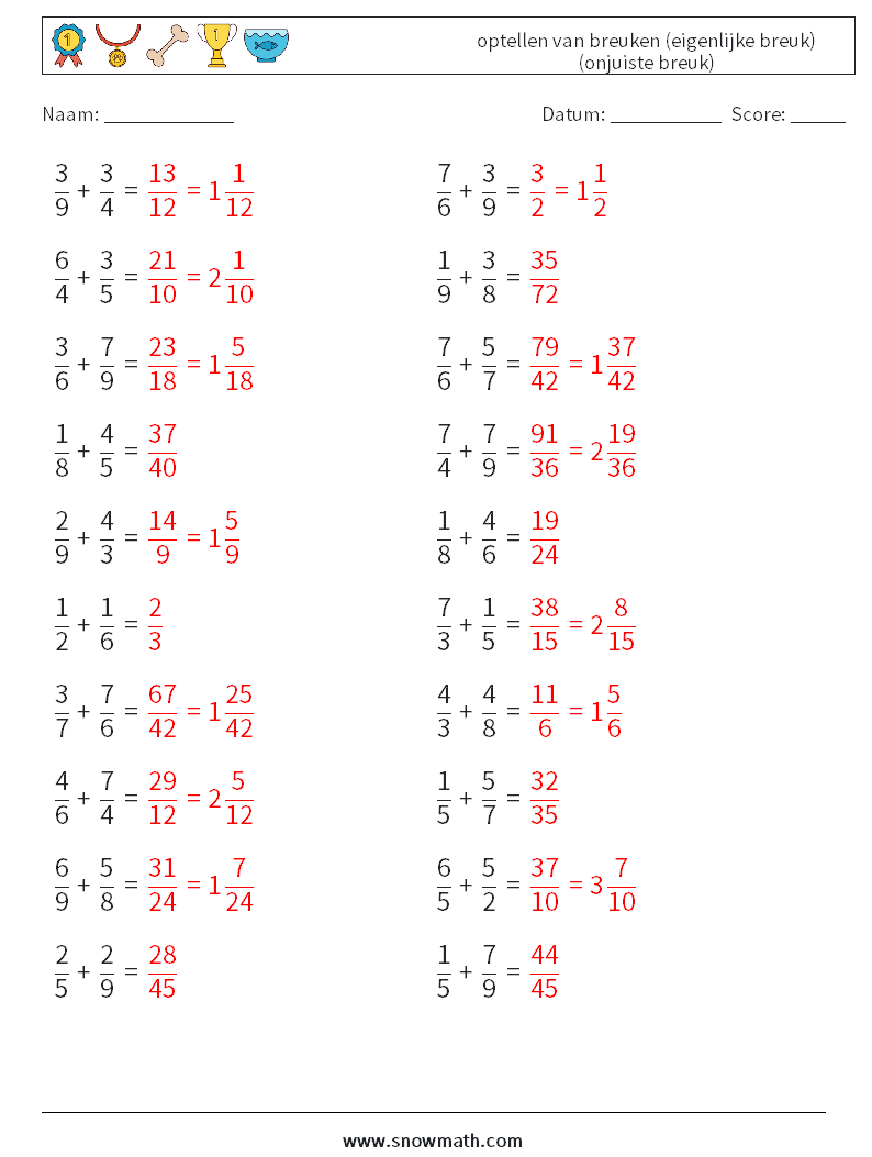 (20) optellen van breuken (eigenlijke breuk) (onjuiste breuk) Wiskundige werkbladen 15 Vraag, Antwoord