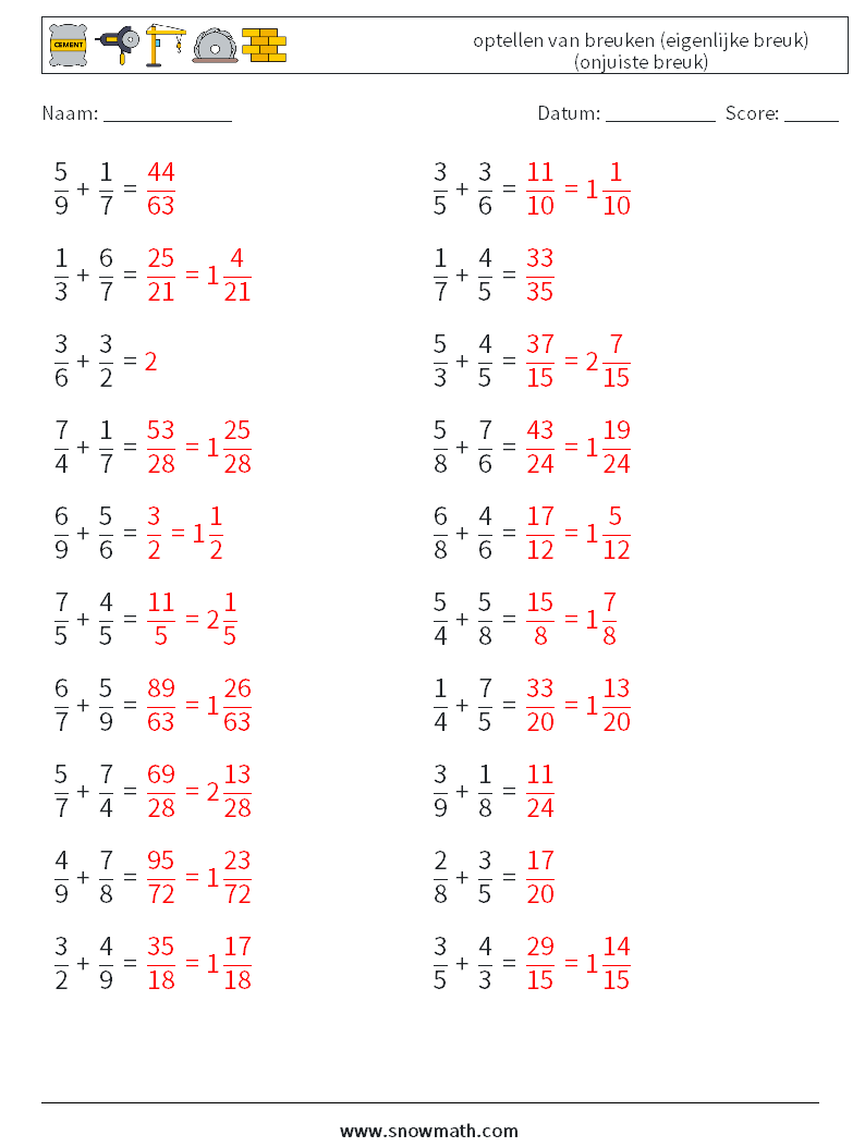 (20) optellen van breuken (eigenlijke breuk) (onjuiste breuk) Wiskundige werkbladen 16 Vraag, Antwoord