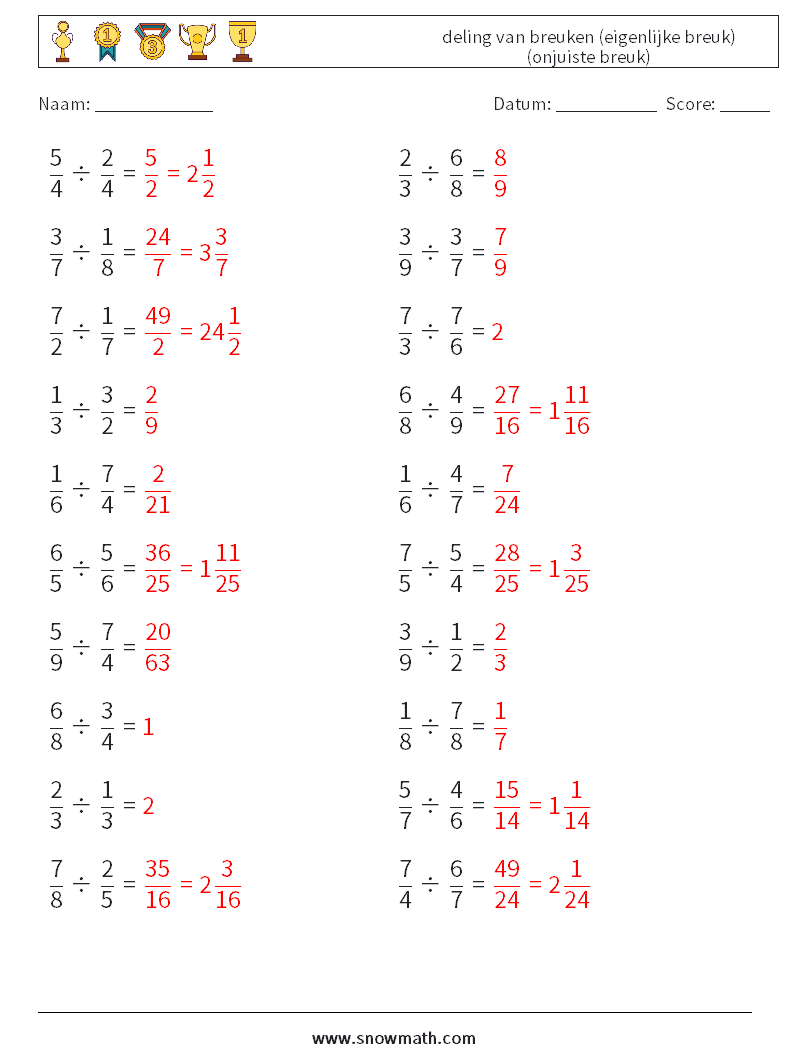 (20) deling van breuken (eigenlijke breuk) (onjuiste breuk) Wiskundige werkbladen 11 Vraag, Antwoord