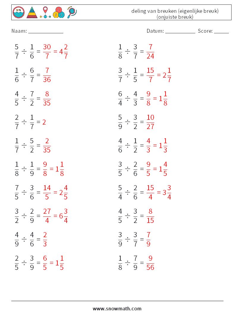 (20) deling van breuken (eigenlijke breuk) (onjuiste breuk) Wiskundige werkbladen 12 Vraag, Antwoord