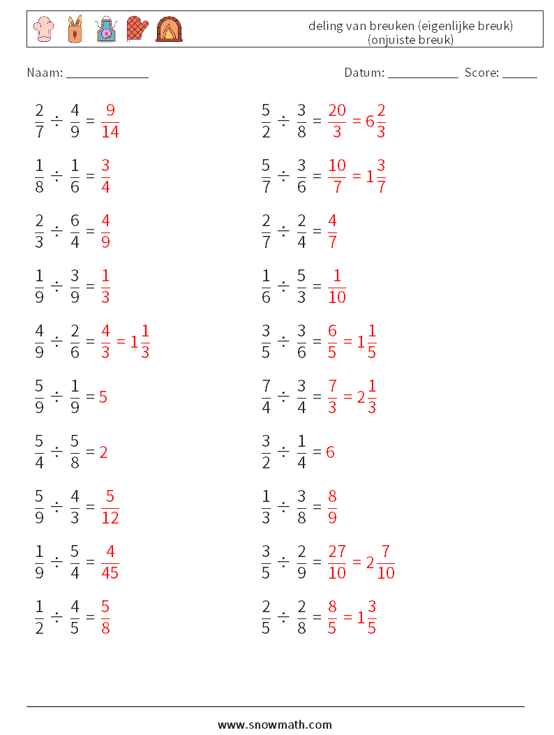 (20) deling van breuken (eigenlijke breuk) (onjuiste breuk) Wiskundige werkbladen 13 Vraag, Antwoord