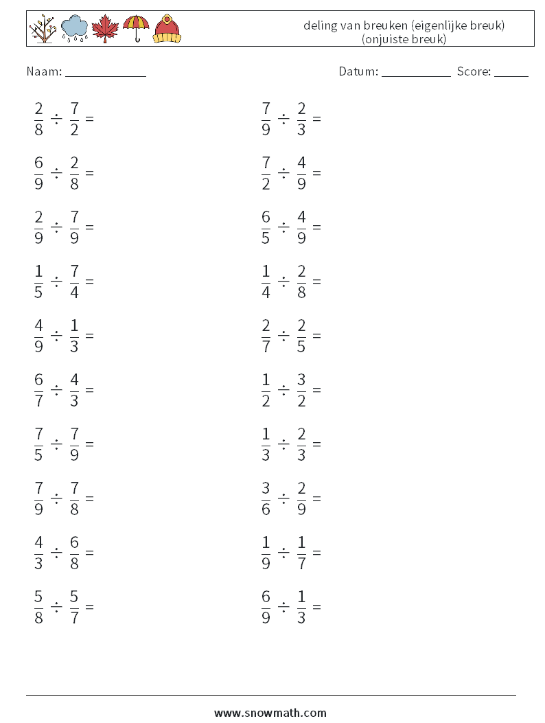 (20) deling van breuken (eigenlijke breuk) (onjuiste breuk) Wiskundige werkbladen 8