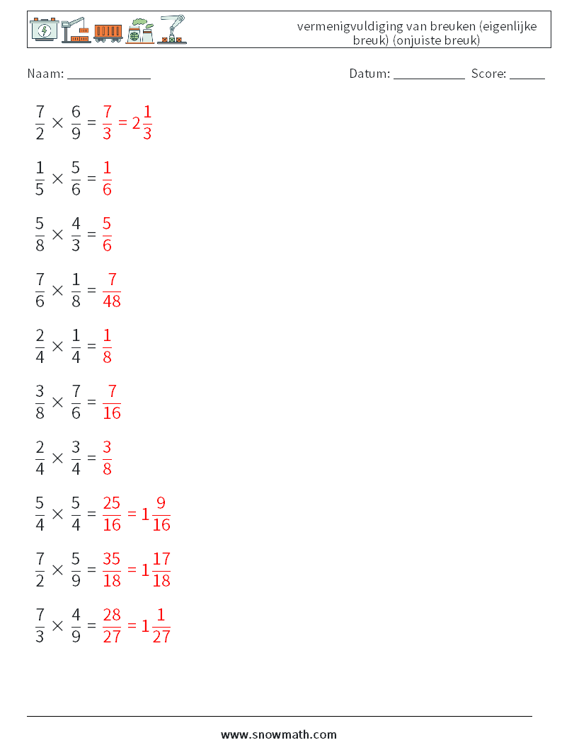 (10) vermenigvuldiging van breuken (eigenlijke breuk) (onjuiste breuk) Wiskundige werkbladen 18 Vraag, Antwoord