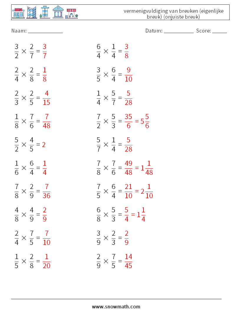 (20) vermenigvuldiging van breuken (eigenlijke breuk) (onjuiste breuk) Wiskundige werkbladen 10 Vraag, Antwoord