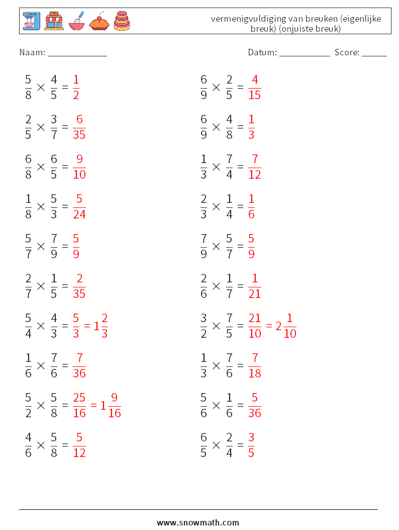 (20) vermenigvuldiging van breuken (eigenlijke breuk) (onjuiste breuk) Wiskundige werkbladen 18 Vraag, Antwoord