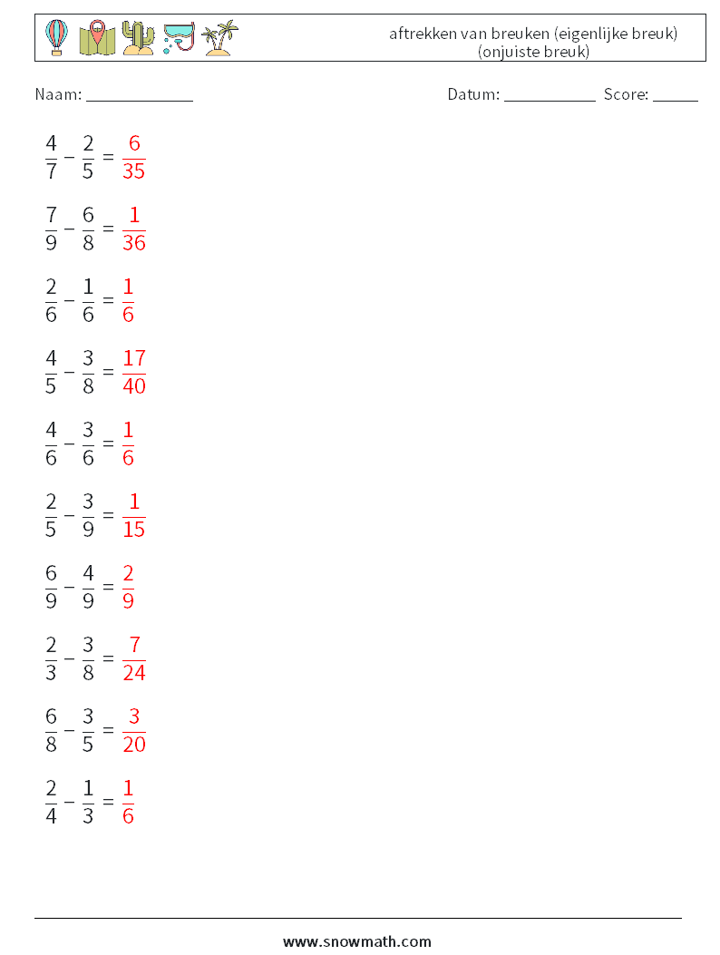 (10) aftrekken van breuken (eigenlijke breuk) (onjuiste breuk) Wiskundige werkbladen 12 Vraag, Antwoord