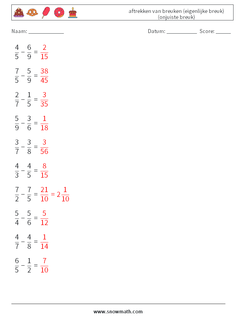 (10) aftrekken van breuken (eigenlijke breuk) (onjuiste breuk) Wiskundige werkbladen 16 Vraag, Antwoord