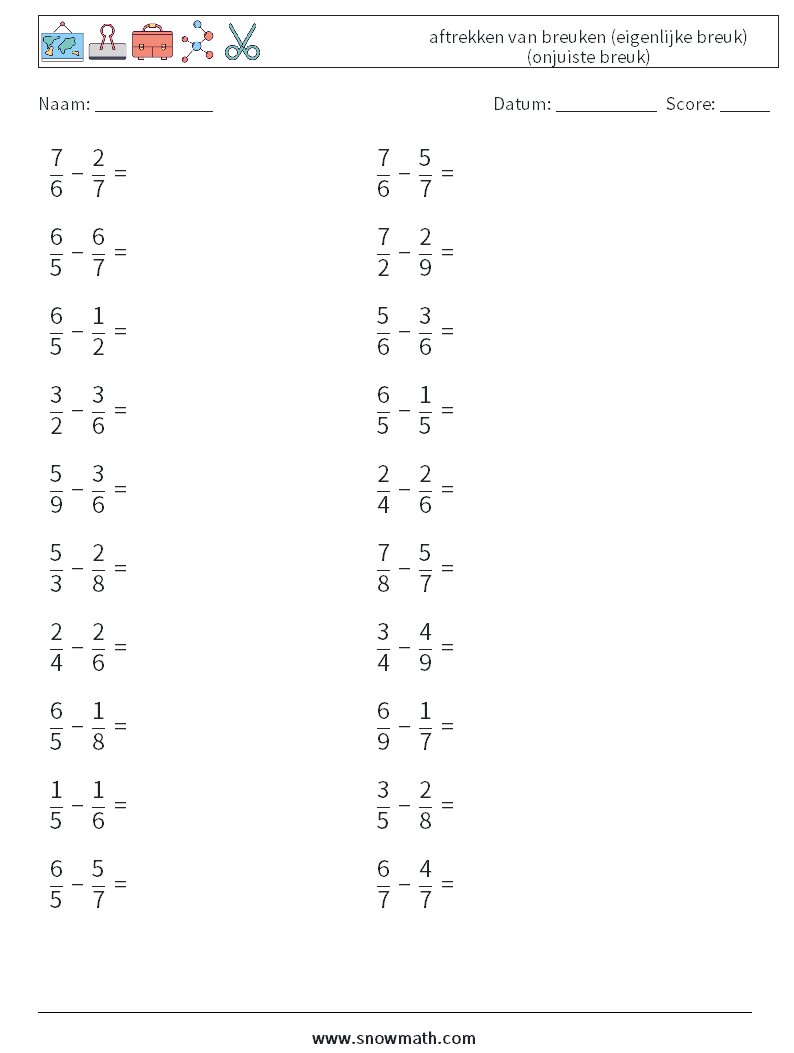 (20) aftrekken van breuken (eigenlijke breuk) (onjuiste breuk) Wiskundige werkbladen 10