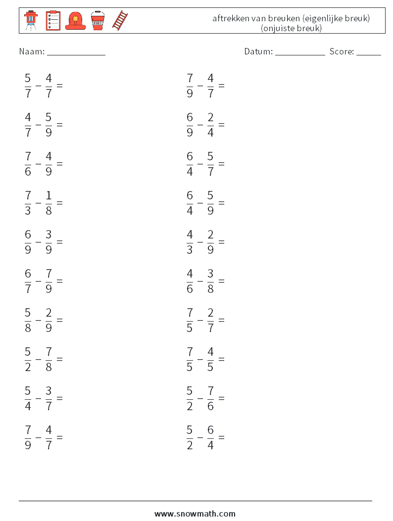 (20) aftrekken van breuken (eigenlijke breuk) (onjuiste breuk) Wiskundige werkbladen 12