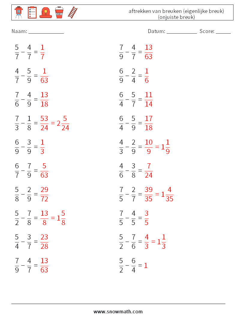 (20) aftrekken van breuken (eigenlijke breuk) (onjuiste breuk) Wiskundige werkbladen 12 Vraag, Antwoord