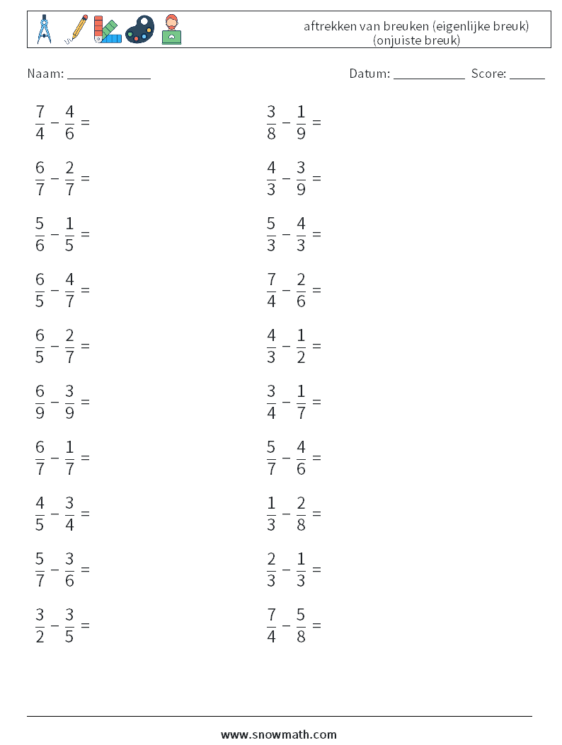 (20) aftrekken van breuken (eigenlijke breuk) (onjuiste breuk) Wiskundige werkbladen 13