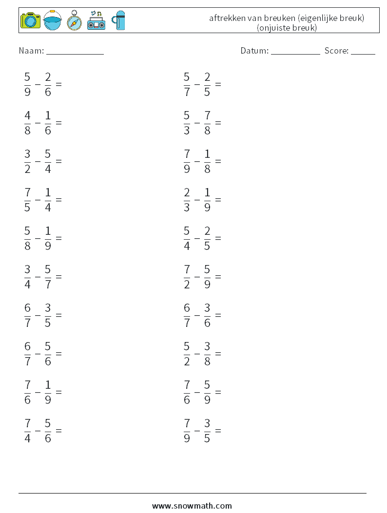 (20) aftrekken van breuken (eigenlijke breuk) (onjuiste breuk) Wiskundige werkbladen 14